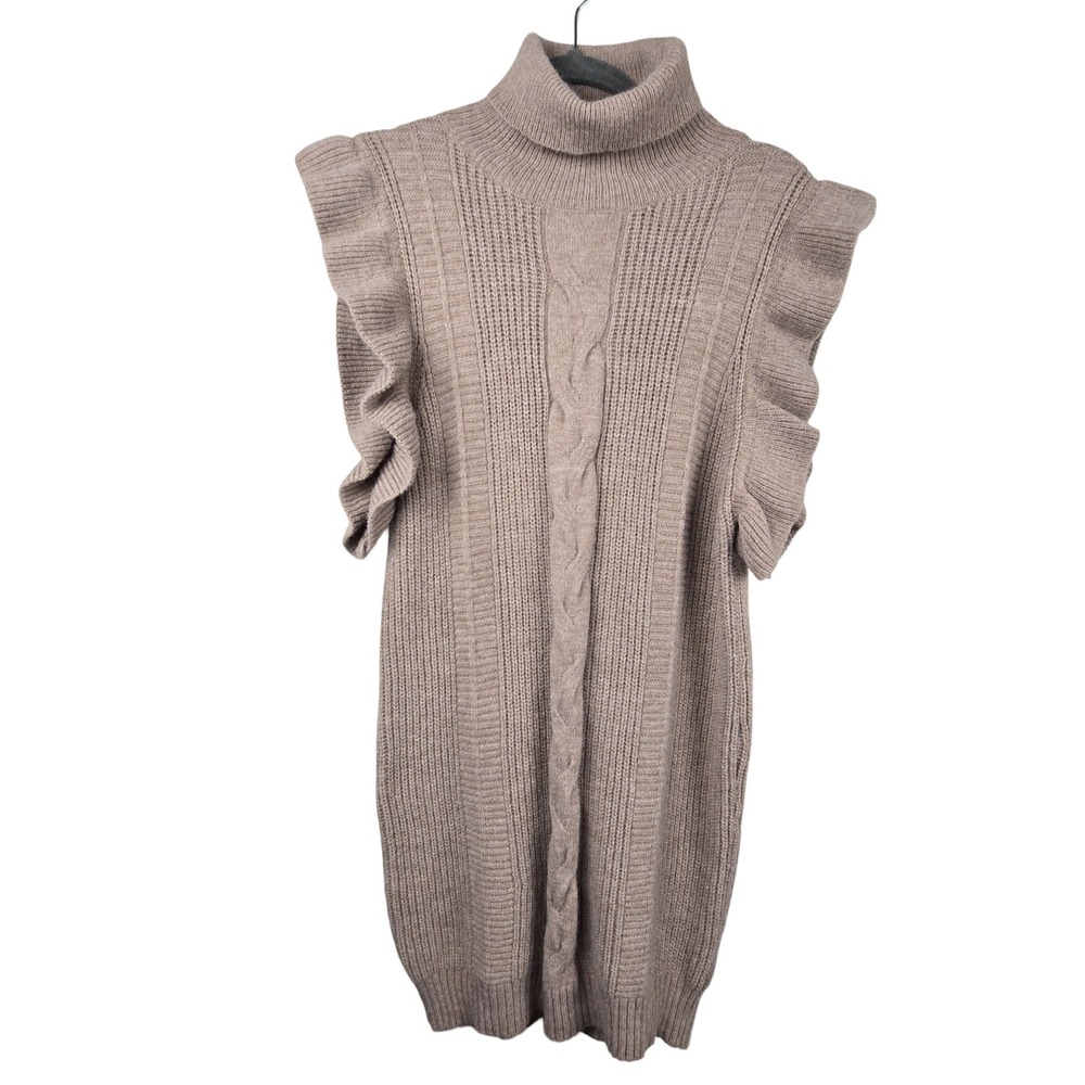 Entro Ruffle Sleeve Cable Knit Turtleneck Sweater Dress Women S Tan Taupe Preppy